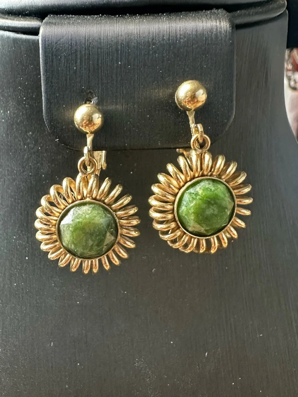 Gold plated Sunflower clip on Earrings with Green Stone